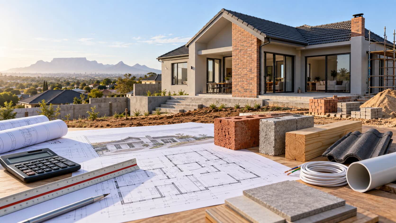 Architectural plans, calculator and building materials in front of a completed South African home