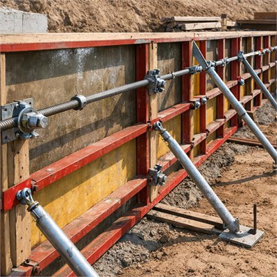 Retaining-wall shuttering, bracing, tie rods and release agent