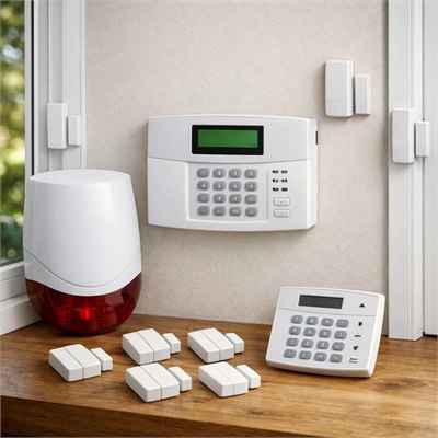 Wireless alarm system - control panel, keypad, 6x door/window sensors, siren