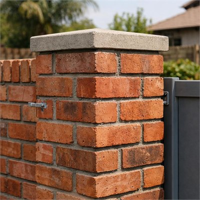 230x230mm clay-brick boundary-wall pier, brick/mortar/tie materials