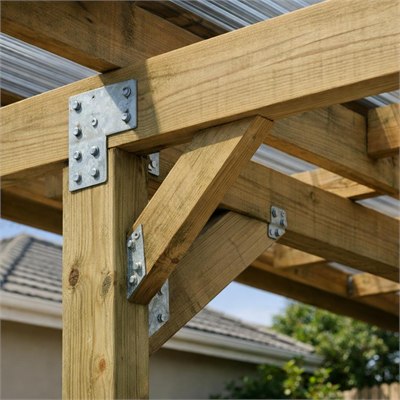Treated timber covered-carport frame: posts, beams, bracing and connectors