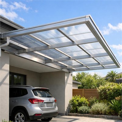 UV-stabilised polycarbonate carport roof sheets, bars, flashings and fixings
