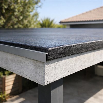 Flat reinforced-concrete carport roof slab, waterproofing and edge detail allowance