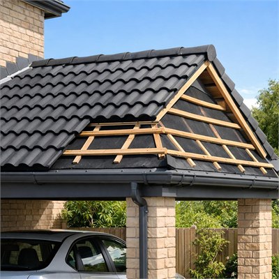 Concrete-tile carport roof covering, underlay, battens, flashings and gutter