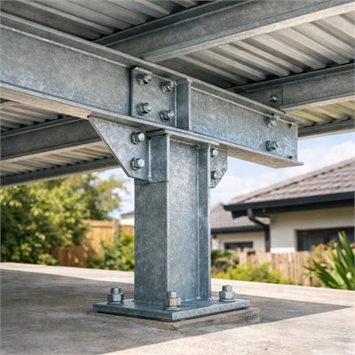 Fabricated galvanised structural-steel carport frame, purlins, base plates and connections