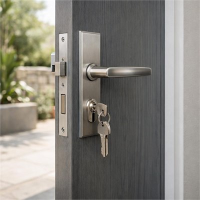 External door completion pack — frame, hinges, lockset, handles and striker plate