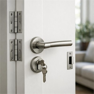 Internal door ironmongery pack — 3 hinges, lockset, handles and striker plate