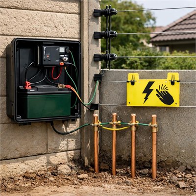 Electric fence energizer, earth rods, battery and warning set