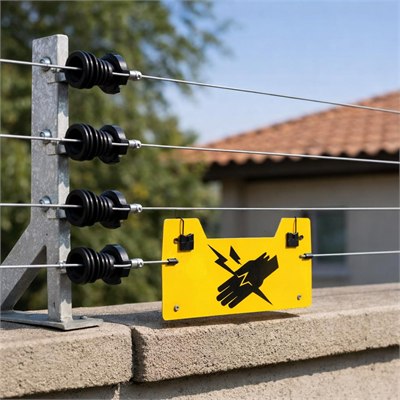 Electric fence conductors, insulators, brackets and warning signage