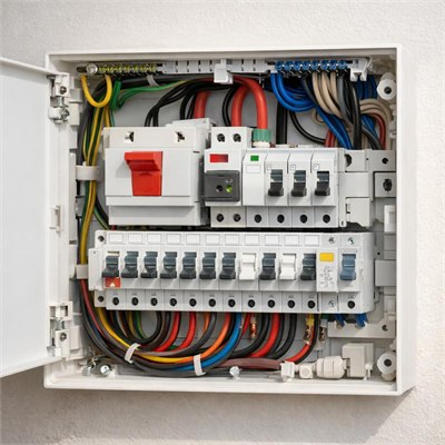Domestic distribution board, main isolator, circuit protection, surge protection, labels and ordinary installation sundries