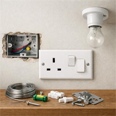 Standard residential electrical point hardware — socket/switch/light point, box, plate and ordinary fixing sundries