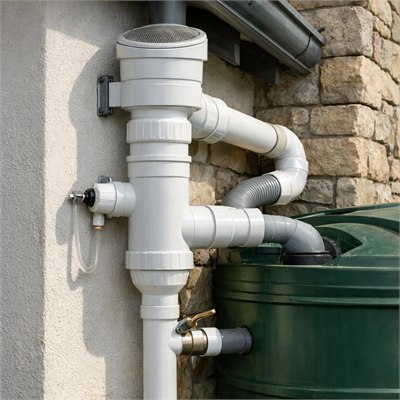 Rainwater first-flush diverter, screened inlet, overflow fittings and ordinary connection sundries