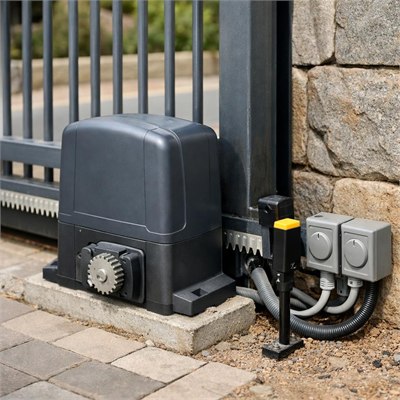 Residential sliding-gate motor, rack, safety devices and ordinary electrical connection allowance