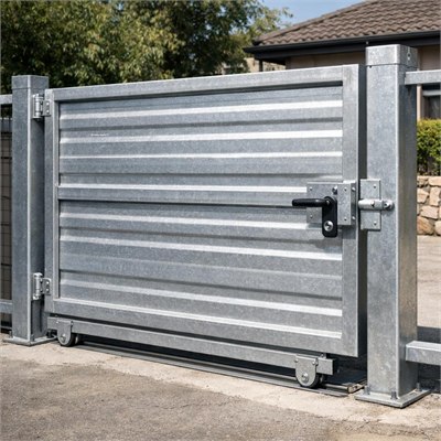 Galvanised steel vehicle gate, posts, hinges/track and ordinary lock hardware for a 4m opening