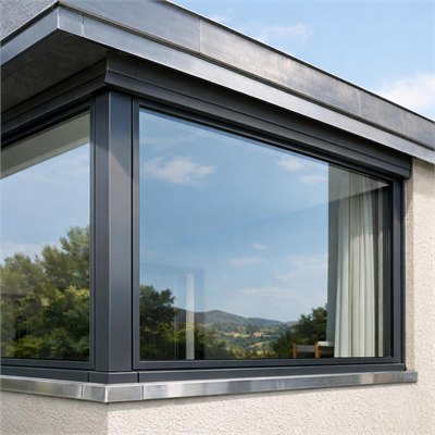 Fixed aluminium feature glazing, performance glass and ordinary perimeter flashings