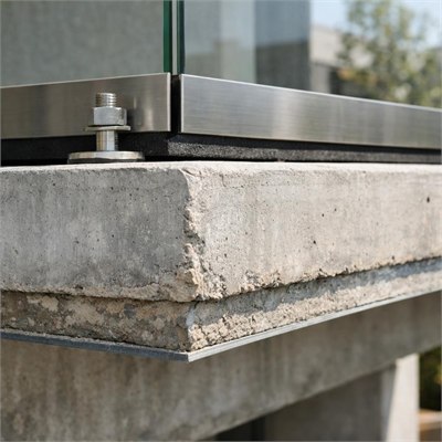 Suspended reinforced-concrete balcony slab, edge detail and balustrade base allowance