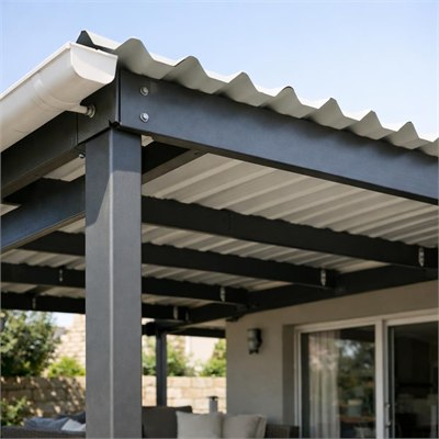 Pre-painted IBR patio roof with fabricated steel posts, rafters, gutter and fixings