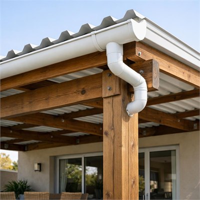 Pre-painted IBR patio roof with treated timber posts, beams, purlins, gutter and fixings