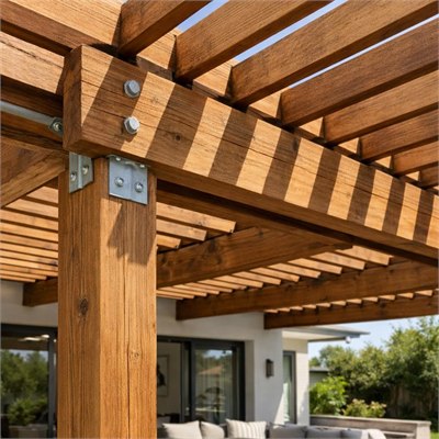Open slatted treated-timber patio pergola, posts, beams, rafters and connections