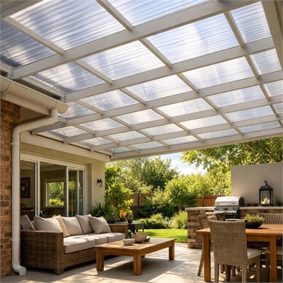 UV-stabilised polycarbonate patio roof, support bars, gutter and fixings