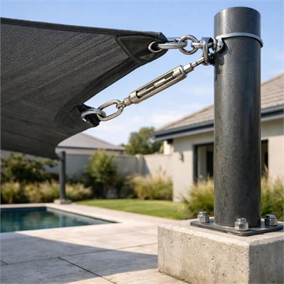UV-stabilised HDPE shade sail, steel posts, tension hardware and concrete bases