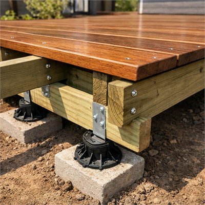 Elevated treated-timber patio deck: joists, boards, support bases, fasteners and sealer allowance