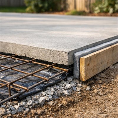 Ground-level reinforced concrete patio slab, compacted base, mesh and edge detail allowance