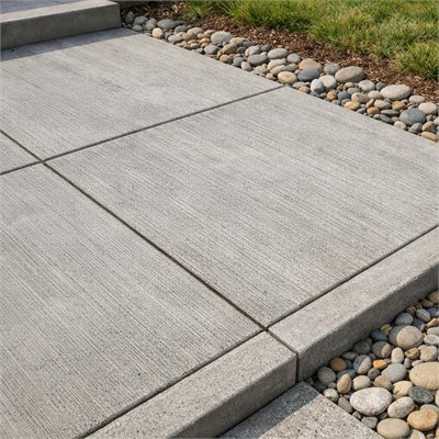 Broom-finished exterior concrete hardscaping surface, joints and ordinary edge detailing