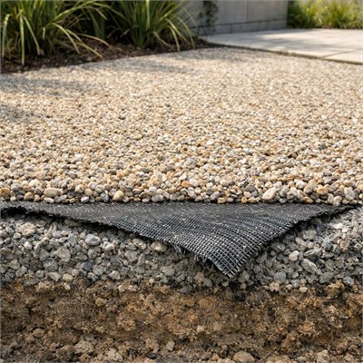 Compacted decorative gravel hardscaping surface with geotextile allowance