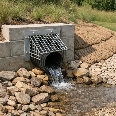 Retaining collector-drain outlet pipe, headwall/grate and erosion-control allowance to a safe surface discharge point