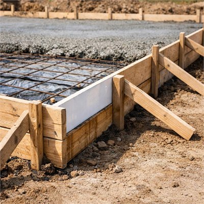 Ground-slab edge shuttering - timber, stakes, bracing and release agent