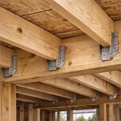 Structural timber joists, hangers, and decking floor