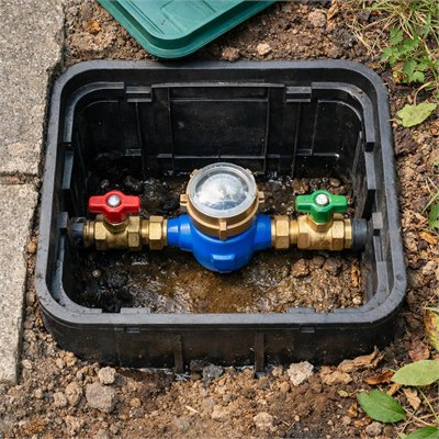 25mm water meter, isolation valves and boundary-box fittings