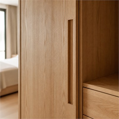 Timber veneer built-in wardrobe carcass, doors and edge detail (per lin m)