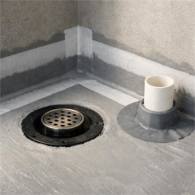 Wet-area waterproofing detail set — reinforcing tape, internal corners, drain flange and pipe collars