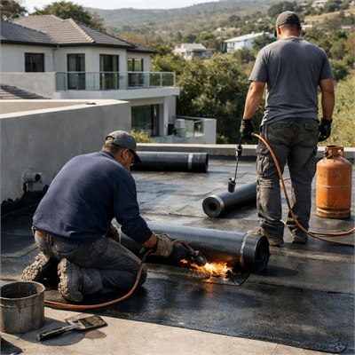 Specialist torch-on waterproofing application, gas, detailing and 10-year guarantee allowance