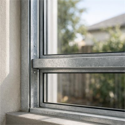 Standard galvanised steel window framing and clear glazing